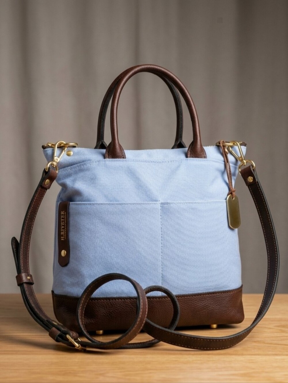 R. Riveter Otto Canvas & Leather Convertible Tote Crossbody Bag - Baby Blue